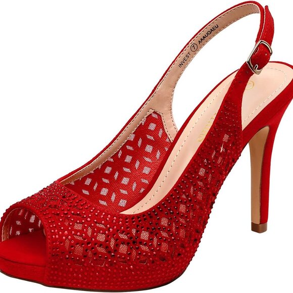Shoes - Women's Faux Suede Rhinestone Peep Toe Platform Heels Size 7.5